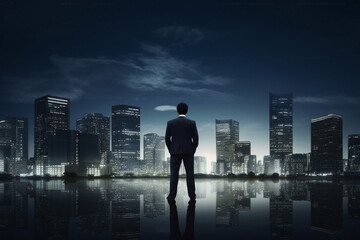 Business man with suit standing in grace pose and looking to dark cityscape background during night or late evening. Successful businessman concept. Generative AI