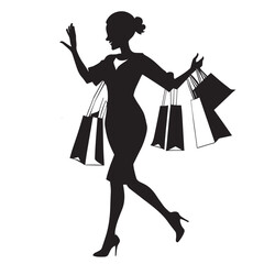 A happy girl shopping a lot of product with bag Vector silhouette