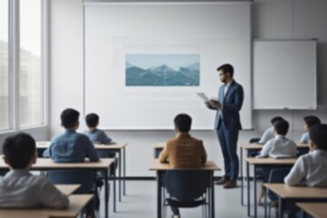 Fototapeta premium Blurred students study in a modern classroom with a teacher. Teaching room. Generative Ai.