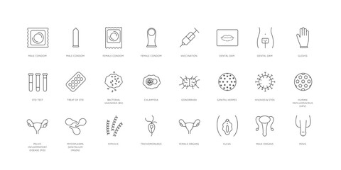 Sexual transmitted disease collection. Vector flat healthcare illustration black outline icon set. STD and STI infection type, test, protection method and reproduction organ symbol. Design element
