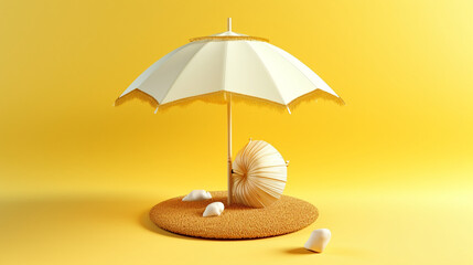 Tropical beach concept made of coconut fruit and sun umbrella. Creative minimal summer idea.