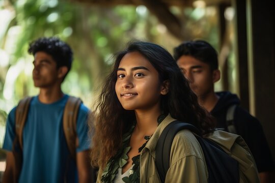 Female student going for class in high school. Generative AI
