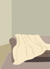 Cozy sofa with a plaid or blanket in the Scandinavian style in interior. Color pastel Vector illustration