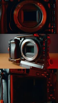 Vertical collage presentation of a professional camera with red lights in the background