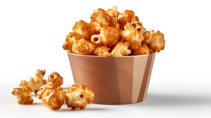 Caramel popcorn in a wooden cup On a white background, close-up Generative AI