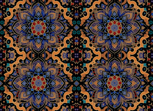 Rapport endless of mandalas flowers with medallions shapes in black background. Pattern Ornamental Seamless with textures of beautiful flowers in rosettes. Generative AI
