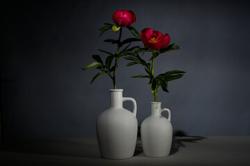 Pfingstrosen vor grauer handbemalter Leinwand.