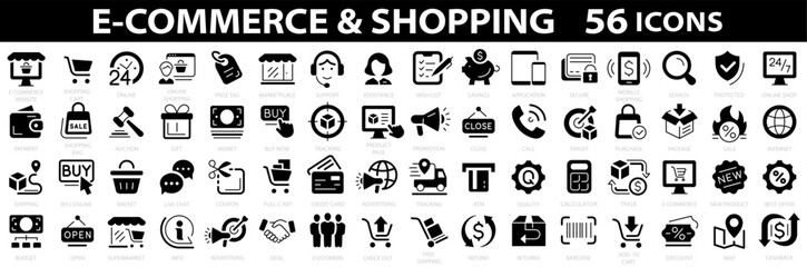 E-commerce & Shopping icon set. Online shopping, delivery elements and payment. Flat style. Vector illustration