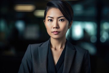 Portrait of asian businesswoman in dark office. Generative AI. - obrazy, fototapety, plakaty
