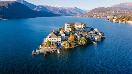 Aerial view of San Giulio island, Orta Lake, Italy - obrazy, fototapety, plakaty