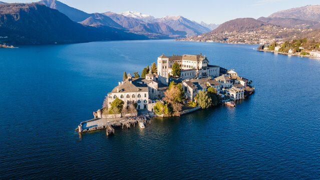 Aerial view of San Giulio island, Orta Lake, Italy