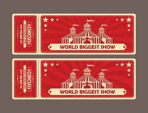 Circus magic show entrance vector tickets templates. Ticket for entrance to circus and illustration template ticket to event