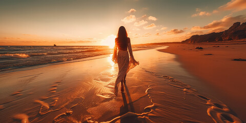Sunset at the beach. Back view of woman in dress walking by sea. Generative AI.