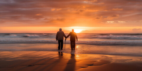 Silhouette couple of two men walking holding their hands on beach during sunset or sunrise. Space for text. Generative AI.