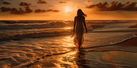 Silhouette of slim woman in dress walking on sea beach. during sunset or sunrise. Generative AI.