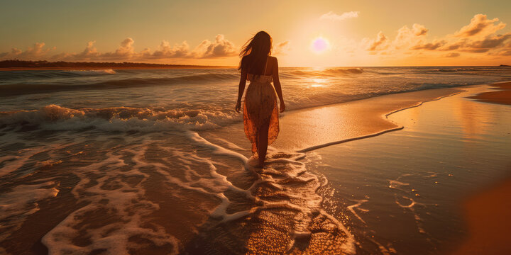 Back view of young woman walking on shore during sunset or sunrise. Generative AI.
