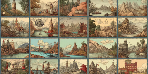 Collection of postcards with mountains and rivers. Traveling memories. Generative AI.
