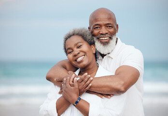 Hug, portrait and a senior couple at the beach for a vacation, retirement travel and walking....