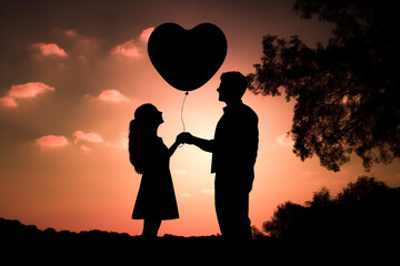 Love and Valentine's day concept. Couple dark silhouette in colorful sunset sky and flying heart-shaped balloon in the foreground. Copy space. Generative AI