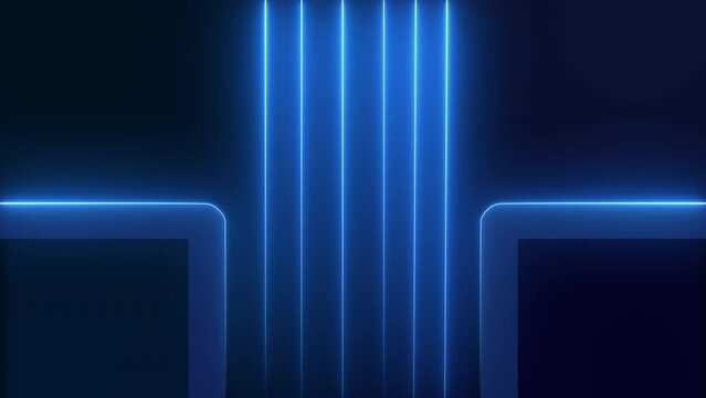 Abstract blue background with neon light laser lines moving up. Seamless looping animation