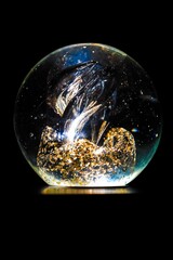 Vertical shot of a Dragon snow globe with a black background