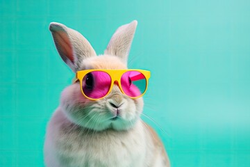 Fototapeta na wymiar Rabbit with sunglasses on colorful pastel background