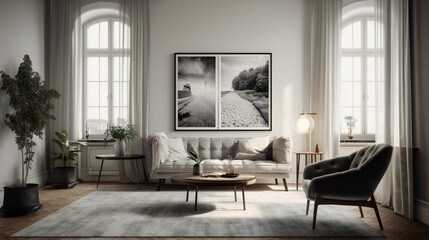 Fototapeta premium Modern Interior Design with Mockup Frame Poster, 3D Render, 3D Illustration