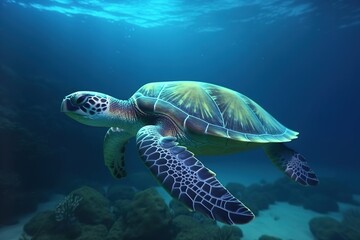 Obraz premium Sea turtles swimming underwater, deep blue sea