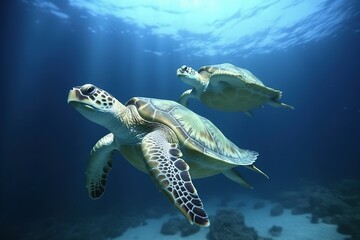 Obraz na płótnie Canvas Sea turtles swimming underwater, deep blue sea