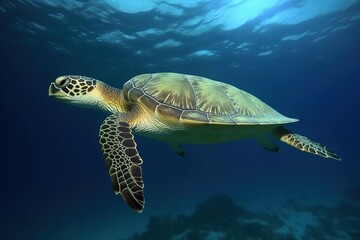 Sea turtles swimming underwater, deep blue sea