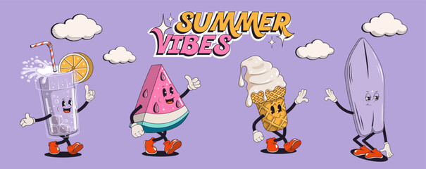 Set of summer retro stickers or patches with walking funny cute comic characters. Lettering illustration for t-shirt print. Suitcase, ice cream, cocktail, spf cream, watermelon, pool float, surf