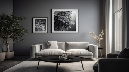 Modern Interior Design with Mockup Frame Poster, 3D Render, 3D Illustration