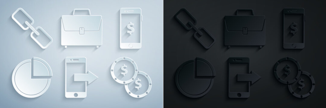 Set Smartphone, Mobile Phone, With Dollar Symbol, Pie Chart Infographic, Coin Money, Briefcase And Chain Link Icon. Vector