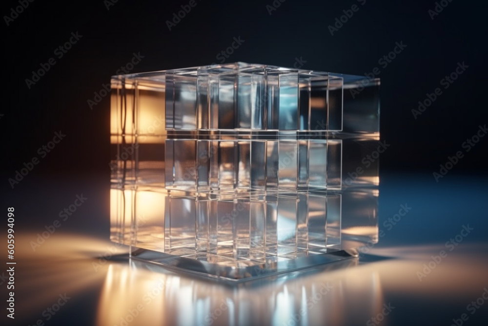 Wall mural transparent glass cube illuminated with light and reflects colorful light. glass cube geometric shap