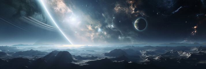 Mountains and planets background for banner of National Space Day or World UFO Day. Fantasy cosmos sky and astronomy nature landscape. Generative AI