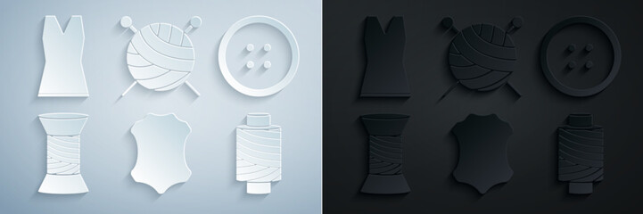Set Leather, Sewing button for clothes, thread spool, Yarn ball with knitting needles and Woman dress icon. Vector