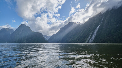 Cruising along Milford Sound or Piopiotahi in New Zealand