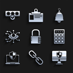 Set Safe combination lock, Chain link, Computer monitor and shield, Password protection safety access, Laptop protected with, Eye scan, Ringing bell and icon. Vector
