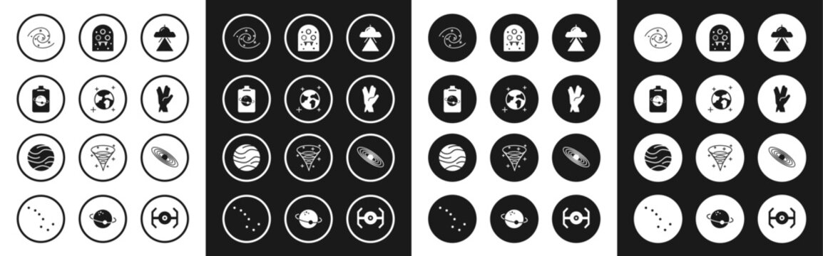 Set UFO flying spaceship, Earth globe, Planet, Black hole, Vulcan salute, Alien, and icon. Vector