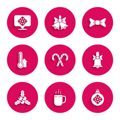 Set Christmas candy cane with stripes, Coffee cup, ball, Merry ringing bell, Branch viburnum or guelder rose, Meteorology thermometer measuring, Bow tie and Snowflake speech bubble icon. Vector