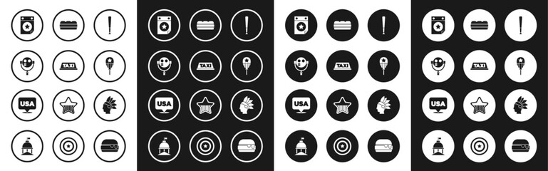 Fototapeta premium Set Baseball bat, Taxi car roof, Tourist binoculars, Calendar with date July 4, Balloons, Sandwich, Native American Indian and USA Independence day icon. Vector