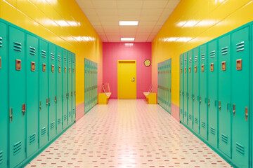 Green fitness lockers bright and yellow wall. Interior of bright colors in cinematic style. Generative Ai content