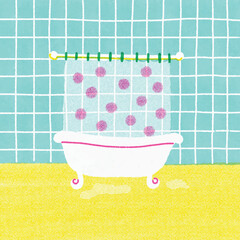 Hand drawn vector illustration of bathtub and shower in bathroom. Cartoon drawings of shower tub with polkadots shower curtain on blue background.