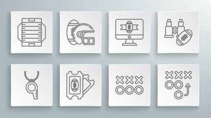 Set line Whistle, American Football ball and helmet, ticket, Planning strategy concept, football tv program, Binoculars american and field icon. Vector