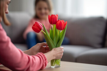 a young daughter is giving mother a bunch of red tulips on Mother's Day