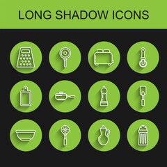 Set line Bowl, Spatula, Grater, Bottle of olive oil, Salt, Frying pan, and Pepper icon. Vector
