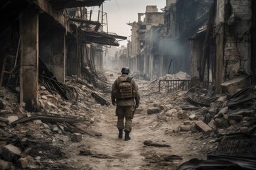 Soldier walking in destroyed city