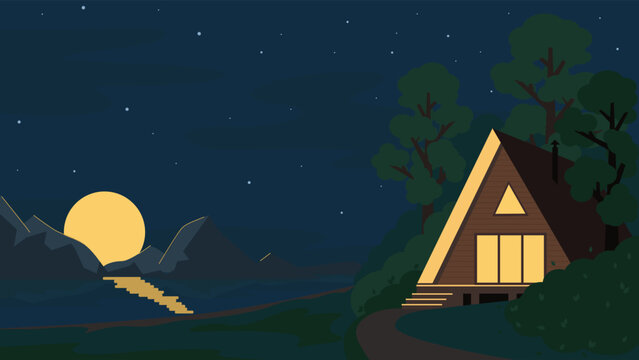 House with the lights on, in the woods, next to the lake. A night with a big moon coming out from behind the mountains, with the reflection of the light of the moon in the water, many stars in the sky