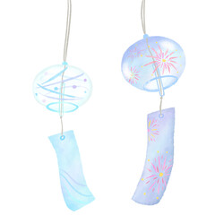 Japanese-style pattern swaying in the wind and fireworks wind chime, simple and cute hand-painted watercolor illustration / È¢®„Å´„ÇÜ„Çå„ÇãÂíåÈ¢®„Å™ÊüÑ„Å®Ëä±ÁÅ´„ÅÆÈ¢®Èà¥„ÄÅ„Ç∑„É≥„Éó„É´„Åß„Åã„Çè„ÅÑ„ÅÑÊâãÊèè„Åç„ÅÆÊ∞¥ÂΩ©„Ç§„É©„Çπ„Éà