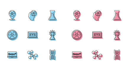 Set line Equation solution, Molecule, Radioactive in location, DNA symbol, XYZ Coordinate system, Test tube and flask, and Head radiation icon. Vector